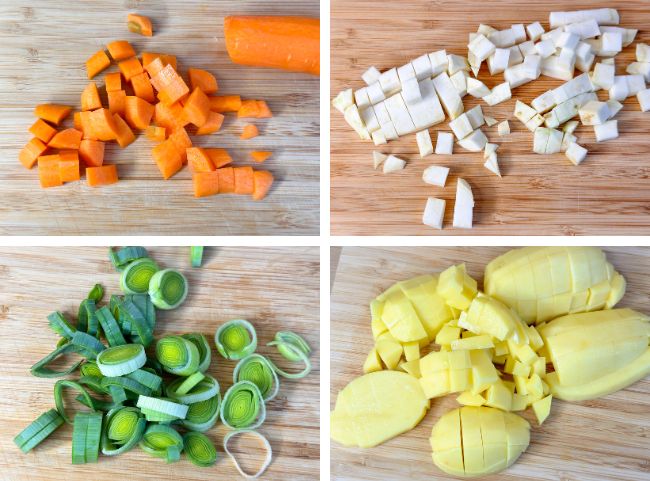 veganer Eintopf Kartoffel und Gemüse schneiden