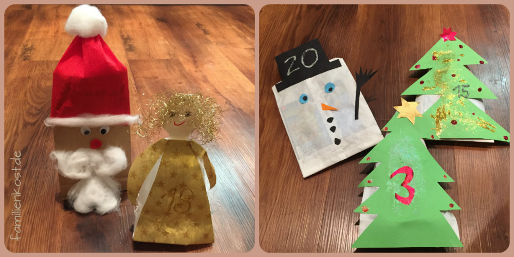 Adventskalender aus Butterbrottüten mit Schneemann, Weihnachtsmann und Engel