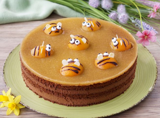 Schoko-Sahne-Torte mit Aprikosen-Bienen