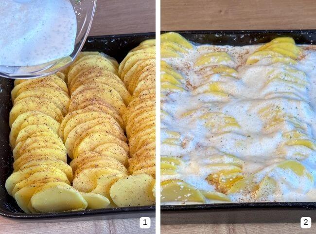 Kartoffelgratin - Sahnemischung verteilen