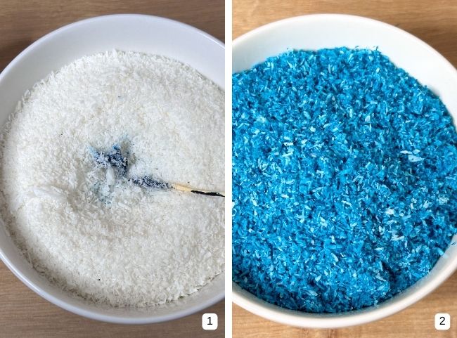 Krümelmonster Muffins - Kokosflocken blau färben