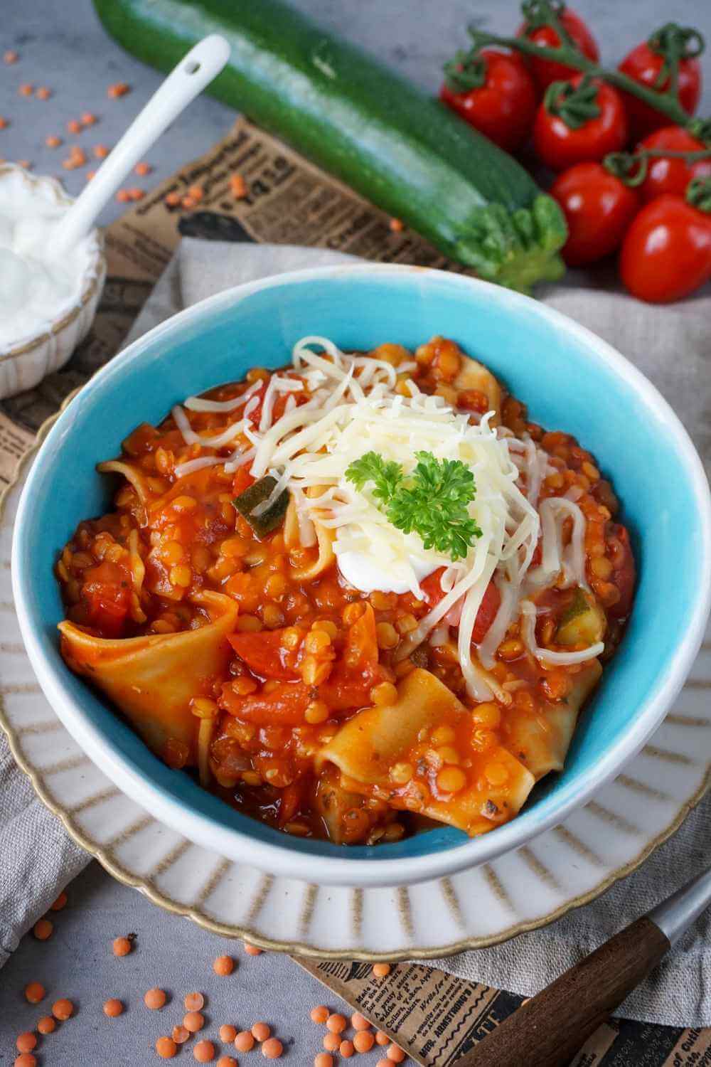 Lasagne Suppe Linsen vegan kochen