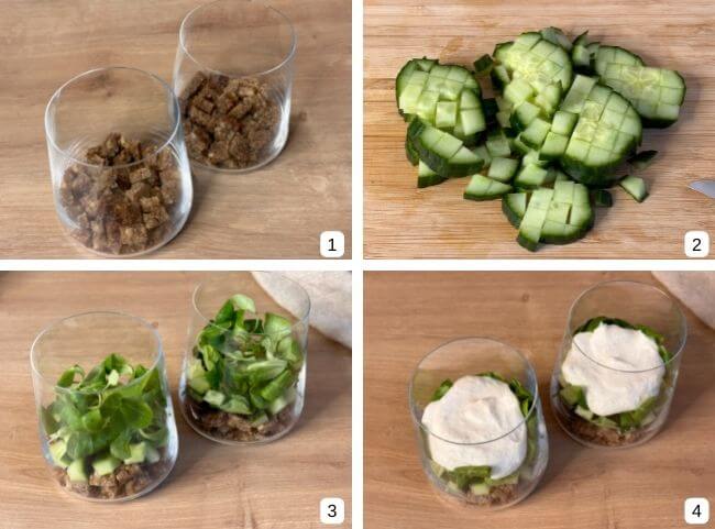 Räucherlachs-Brot-Salat im Glas als Vorspeise