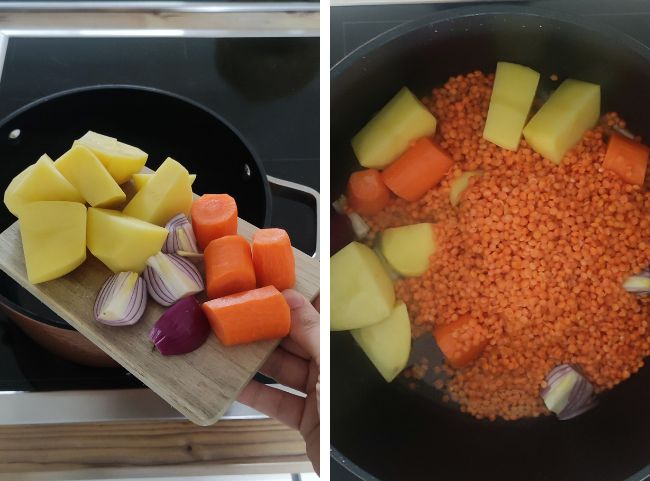 Türkische Linsensuppe - Gemüse und Linsen braten