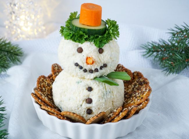 Schneemann Dip Frischkäse Weihnachten