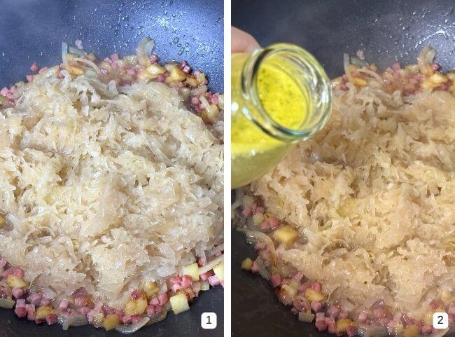 Schupfnudeln mit Sauerkraut - Flüssigkeit hinzufügen