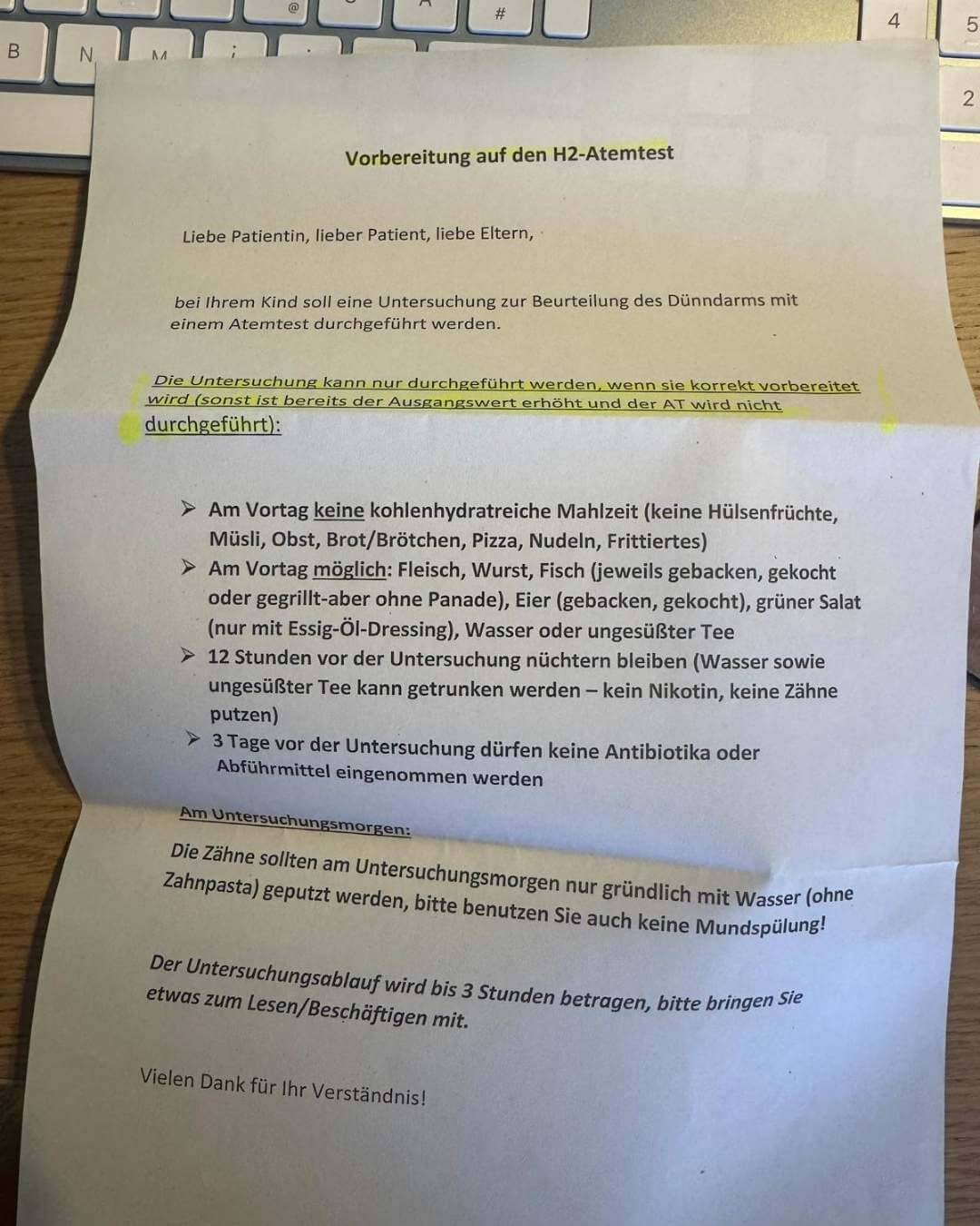 Vorbereitung Essen vor Atemtest