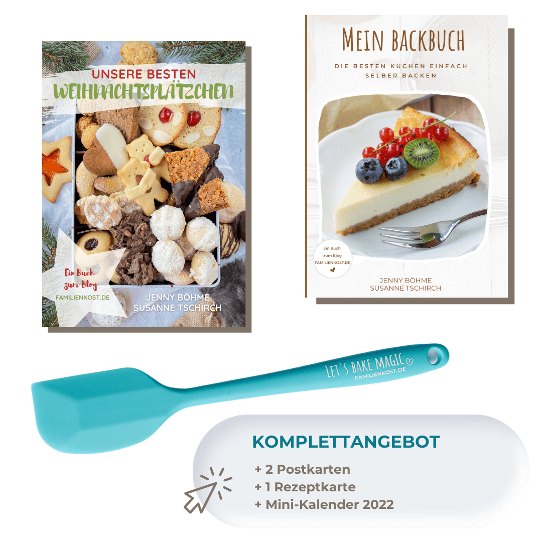 Mein Backbuch + Unsere besten Weihnachtsplätzchen + Teigspatel Familienkost.de Shop