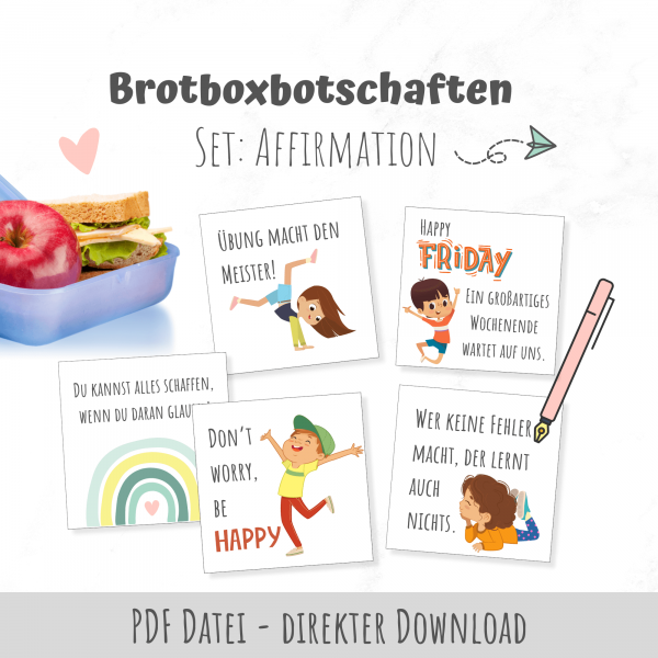 Brotbox-Botschaften für Kinder Set Affirmation